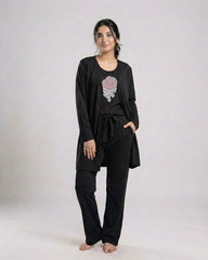 Women 3 Pieces Night Suit - Pink Cloud | Black