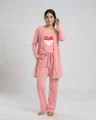Women 3 Pieces Night Suit - Girl Power | Pink