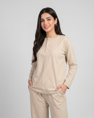 Women Button Style 2 Piece Lounge Wear - Beige