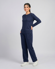 Women Button Style 2 Piece Lounge Wear - Navy Blue