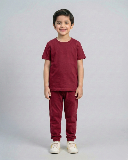 Kids Maroon Cotton T-Shirt & Trouser Set