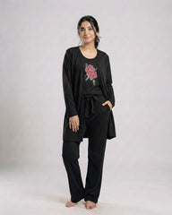 Women 3 Pieces Night Suit - Flower | Black