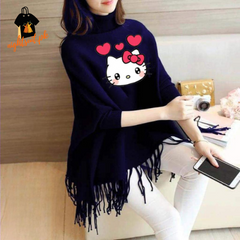 Navy Blue Kitty Printed Poncho