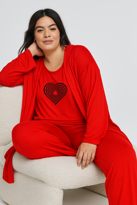 Women’s 3 Piece Nightwear Lounge Set with Geometrical Heart Print | Plus Size Loungewear