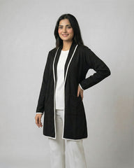 Black Front Open Long Coat Dual Pockets Jacket