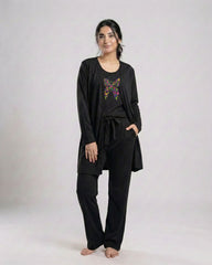 Women 3 Pieces Night Suit - Colored Butterfly | Black