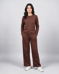 Women Button Style 2 Piece Lounge Wear - Chocolate Brown