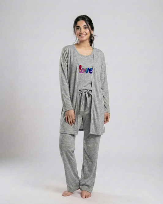 Women 3 Pieces Night Suit - Multi Love | Grey