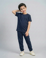 Kids Navy blue Cotton T-Shirt & Trouser Set