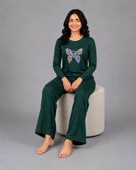 Women Round-Neck Lounge Wear | Colored Butterfly - Sherwood Green