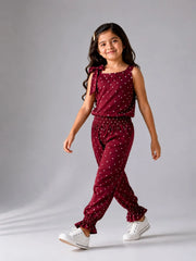 Girls Maroon Polka Dot Sleeveless Jumpsuit