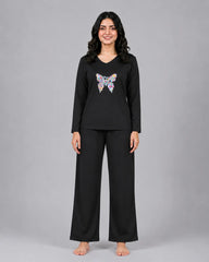 Women V Neck Lounge Wear | Colored Butterfly - Black