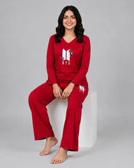 Women V-Neck Lounge Wear | BTS Flower - Red