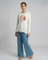 Women Premium 2 Piece Lounge Set | Moon & Sun - White & Blue