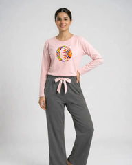 Women Premium 2 Piece Lounge Set | Moon & Sun - Pink & Grey
