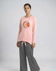 Women Premium 2 Piece Lounge Set | Moon & Sun - Pink & Grey