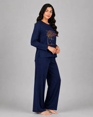 Women Round Neck Lounge Wear | Spring Tree - Navy Blue