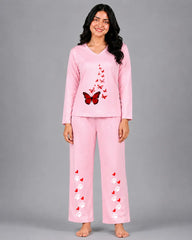 Women V-Neck Lounge Wear | Red Butterfly - Baby Pink