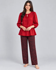 Tie Neck Peplum Co-Ord Set - Red