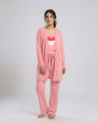 Women 3 Pieces Night Suit - Girl Power | Pink