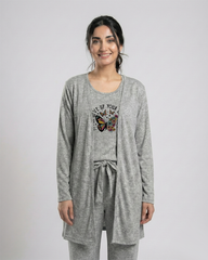 Women 3 Pieces Night Suit - Never Give Up | Grey