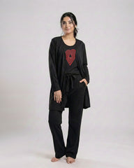 Women 3 Pieces Night Suit - Geometrical | Black