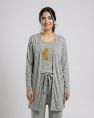 Women 3 Pieces Night Suit - Sun Roses | Grey