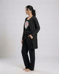 Women 3 Pieces Night Suit - Pink Cloud | Black