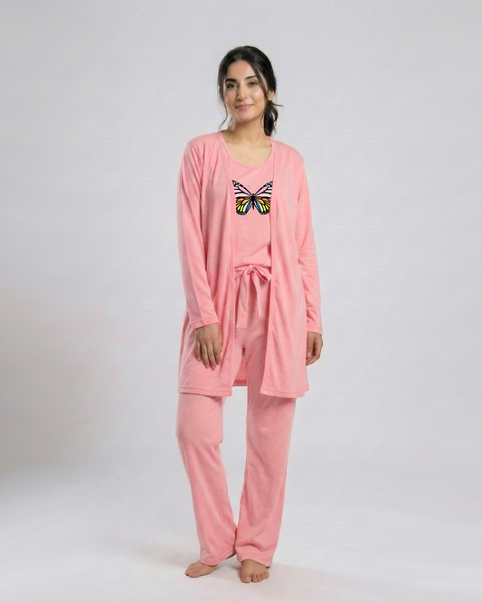 Women 3 Pieces Night Suit - Rainbow Butterfly | Baby Pink