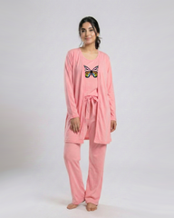 Women 3 Pieces Night Suit - Rainbow Butterfly | Baby Pink