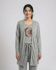 Women 3 Pieces Night Suit - Moon & Sun | Grey