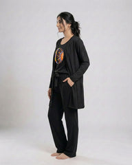 Women 3 Pieces Night Suit - Moon & Sun | Black