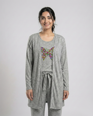 Women 3 Pieces Night Suit - Colored Butterfly | Grey