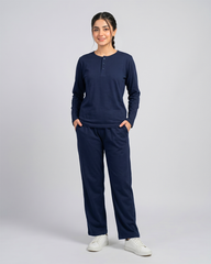 Women Button Style 2 Piece Lounge Wear - Navy Blue
