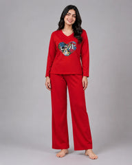 Women V-Neck Lounge Wear | Love Color - Red