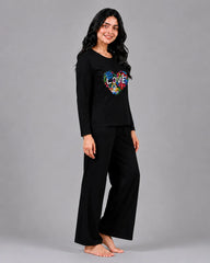 Women Round-Neck Lounge Wear | Love Color - Black