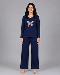 Women V-Neck Lounge Wear | Colored Butterfly - Navy Blue