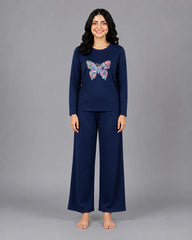 Women Round-Neck Lounge Wear | Colored Butterfly - Navy Blue