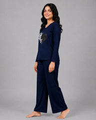 Women V Neck Lounge Wear | Black Heart - Navy Blue