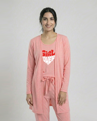 Women 3 Pieces Night Suit - Girl Power | Pink