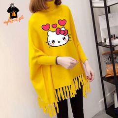 Yellow Kitty Printed Poncho