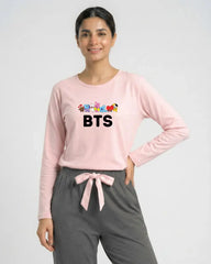 Women Premium 2 Piece Lounge Set | BTS + Cartoons - Pink & Grey