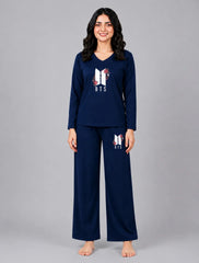 Women V-Neck Lounge Wear | BTS Flower - Navy Blue