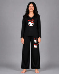 Women V-Neck Lounge Wear | Hello Kitty - Black
