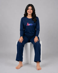 Women Round-Neck Lounge Wear | Multi Love - Navy Blue