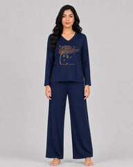 Women V-Neck Lounge Wear | Spring Tree - Navy Blue
