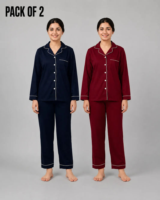 Pack Of 2 Women Classic Dream Lounge Set | Navy & Maroon