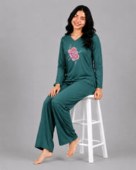 Women V-Neck Lounge Wear | Flower - Sherwood Green
