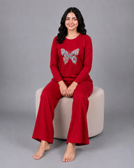 Women Round-Neck Lounge Wear | Colored Butterfly - Red