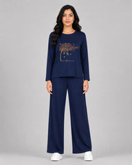Women Round Neck Lounge Wear | Spring Tree - Navy Blue